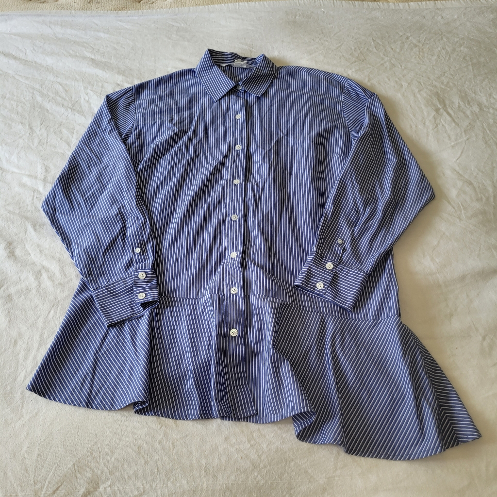 Veronica Beard Blue White Striped Tunic Shirt Asymmetrical Peplum Hem Size 10